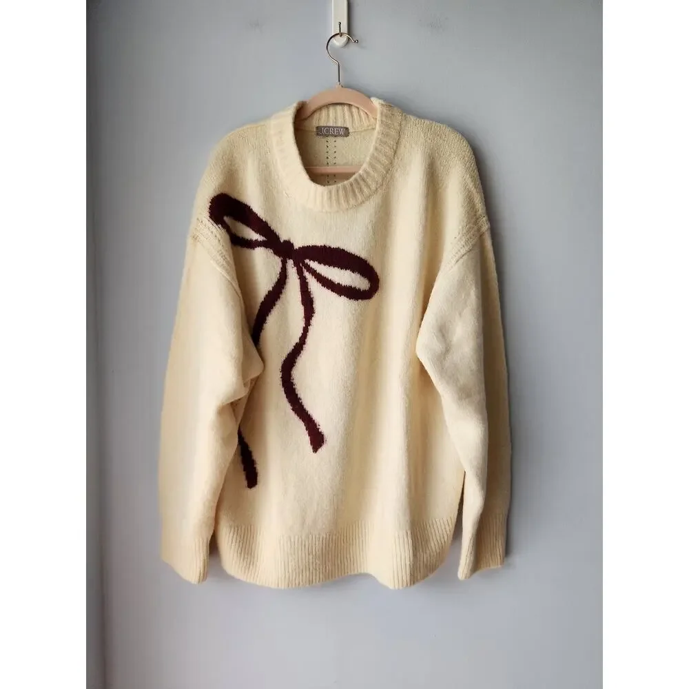 NWOT J. Crew Crewneck Pullover Sweater Western Girly Bow Print Ivory/Burgundy L